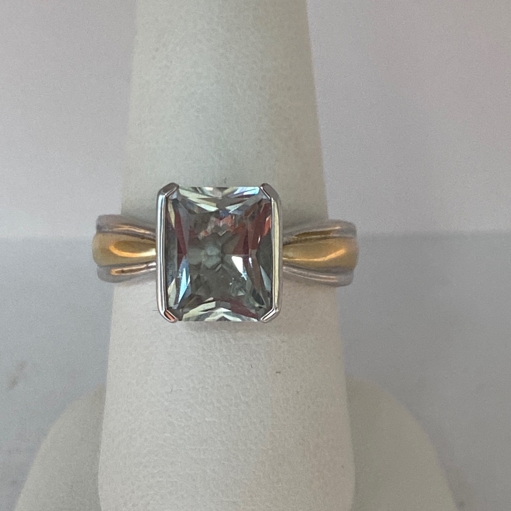 Sterling Silver Square Solitaire Green Amethyst Ring - Silver/Gold Accent, New - Picture 1 of 4